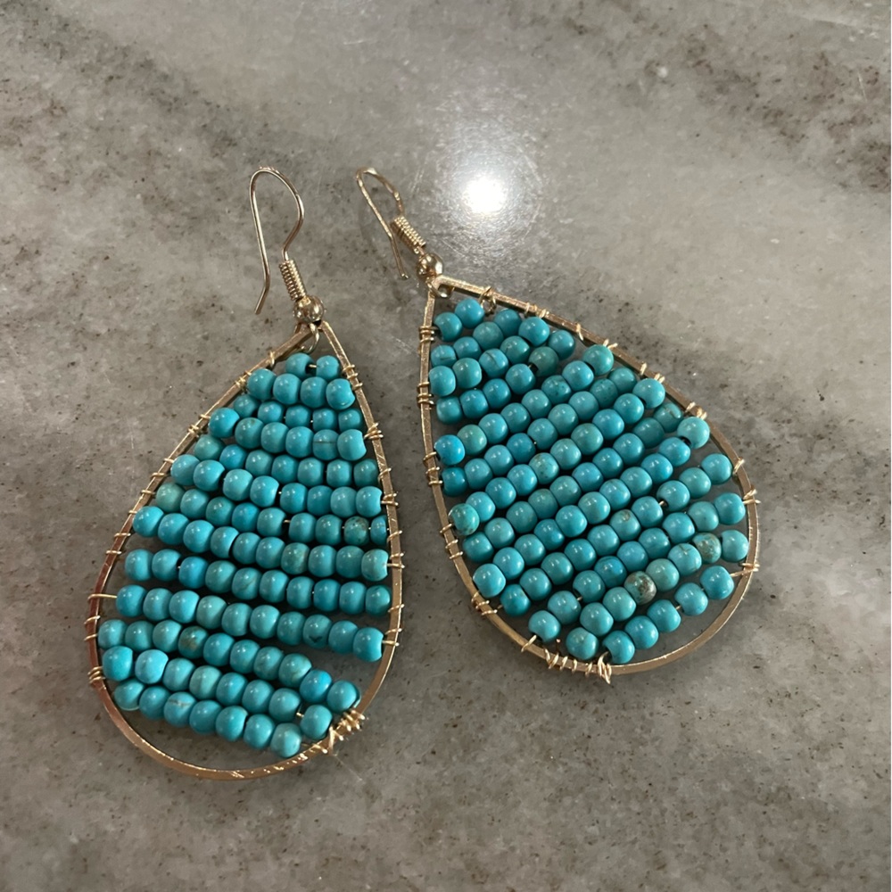 Faux turquoise beaded gold earrings - never worn!